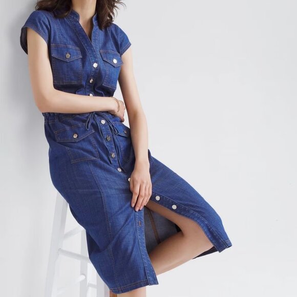 WHBM $160 Button-Down Midi Dress Denim Lightweight Cotton Tencel Blend 12 - Picture 3 of 10